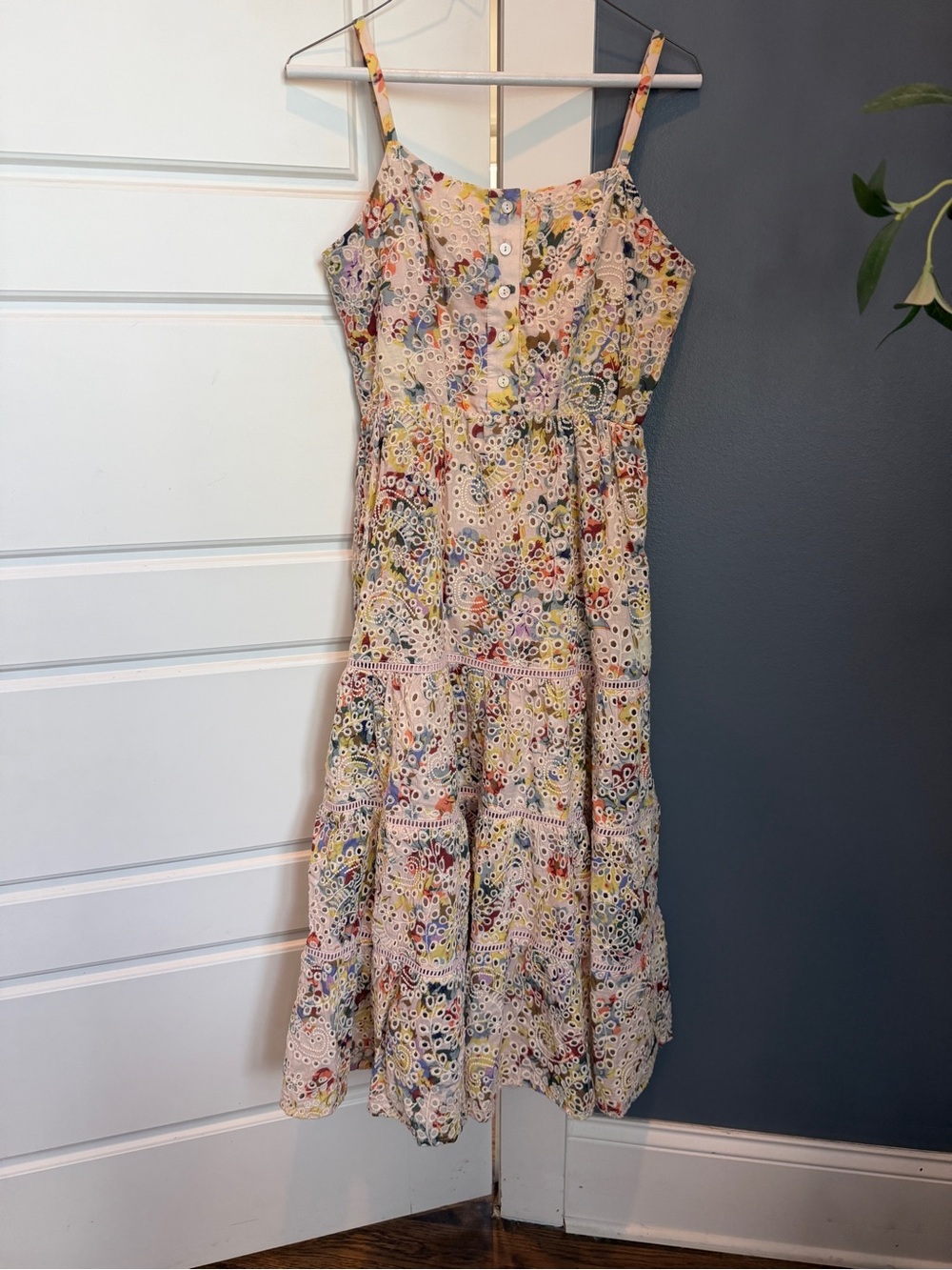 Evereve Cream Eyelet Maxi Dress with Multicolor Floral Print. Lined.